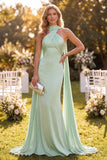 Mermaid Mint Green Satin Halter Neck Maxi Dress with Scarf