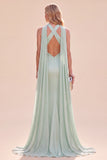 Mermaid Mint Green Satin Halter Neck Maxi Dress with Scarf