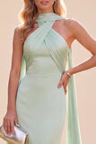Mermaid Mint Green Satin Halter Neck Maxi Dress with Scarf