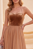 Khaki Halter Neck A-Line Maxi Dress with Beading