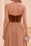 Khaki Halter Neck A-Line Maxi Dress with Beading