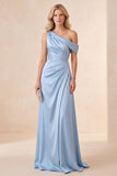 Sky Blue One Shoulder A-Line Satin Ruched Maxi Dress
