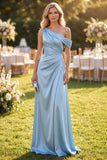 Sky Blue One Shoulder A-Line Satin Ruched Maxi Dress