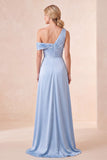 Sky Blue One Shoulder A-Line Satin Ruched Maxi Dress
