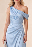 Sky Blue One Shoulder A-Line Satin Ruched Maxi Dress