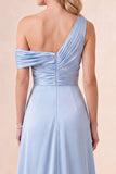 Sky Blue One Shoulder A-Line Satin Ruched Maxi Dress