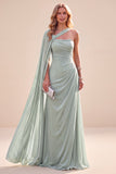 Mint Green One Shoulder A-Line Chiffon Ruched Maxi Dress with Cape