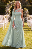 Mint Green One Shoulder A-Line Chiffon Ruched Maxi Dress with Cape