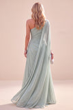 Mint Green One Shoulder A-Line Chiffon Ruched Maxi Dress with Cape