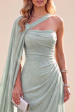 Mint Green One Shoulder A-Line Chiffon Ruched Maxi Dress with Cape