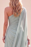 Mint Green One Shoulder A-Line Chiffon Ruched Maxi Dress with Cape