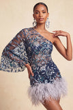 Navy One Shoulder Bodycon Beaded Sequins Homecoming Dress with Feathers