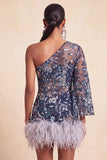 Navy One Shoulder Bodycon Beaded Sequins Homecoming Dress with Feathers