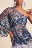 Navy One Shoulder Bodycon Beaded Sequins Homecoming Dress with Feathers