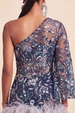 Navy One Shoulder Bodycon Beaded Sequins Homecoming Dress with Feathers