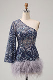 Navy One Shoulder Bodycon Beaded Sequins Homecoming Dress with Feathers
