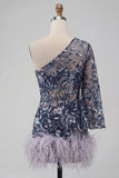 Navy One Shoulder Bodycon Beaded Sequins Homecoming Dress with Feathers