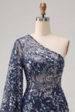 Navy One Shoulder Bodycon Beaded Sequins Homecoming Dress with Feathers