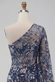 Navy One Shoulder Bodycon Beaded Sequins Homecoming Dress with Feathers