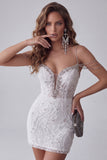 White Off The Shoulder Beaded Bodycon Short Homecoming Dress with Rhinestones