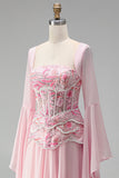 Light Pink Embroidery Corset A-Line Peplum Chiffon Long Prom Dress with Long Bell Sleeves