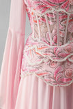 Light Pink Embroidery Corset A-Line Peplum Chiffon Long Prom Dress with Long Bell Sleeves