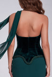 Dark Green Mermaid Beaded Strapless Corset Formal Dress with Neck Scarf