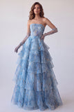 Dusty Blue A-Line Corset Tiered Ruffle Strapless Long Ball Dress
