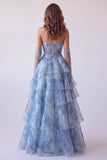 Dusty Blue A-Line Corset Tiered Ruffle Strapless Long Ball Dress