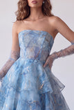 Dusty Blue A-Line Corset Tiered Ruffle Strapless Long Ball Dress