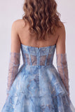 Dusty Blue A-Line Corset Tiered Ruffle Strapless Long Ball Dress