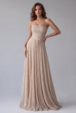 Champagne Strapless A-Line Ruched Long Formal Dress