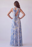 Blue One Shoulder Cut Out Floral Long Formal Dress with Neck Scarf