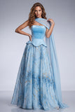 Sky Blue A-Line Corset Strapless Long Ball Dress with Side Cape