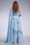 Sky Blue A-Line Corset Strapless Long Ball Dress with Side Cape