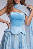 Sky Blue A-Line Corset Strapless Long Ball Dress with Side Cape