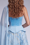 Sky Blue A-Line Corset Strapless Long Ball Dress with Side Cape
