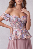 Vintage Mauve 3D Floral Appliques A-Line Off The Shoulder Formal Dress