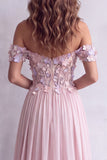 Light Pink A-Line Corset Off The Shoulder Long Formal Dress with 3D Floral Appliques