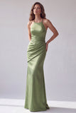 Green Ruched Mermaid Halter Crossed Straps Long Formal Dress