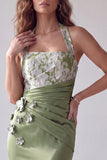 Green Merimaid Floral Appliques Ruched Halter Formal Dress