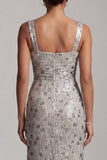 Silver Mermaid Square Neck Beaded Long Mother of the Bride Dress with Slit