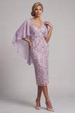 Halter Neck Lilac Bodycon Beaded Floral Midi Mother of the Bride Dress with Cape