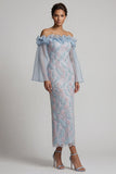 Off the Shoulder Dusty Blue Bodycon Floral Beaded Long Mother of the Bride Dress with Ruffles