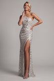 One Shoulder Silver Mermaid Beaded Long Mother of the Bride Dress with Slit