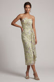 Dusty Sage Strapless Bodycon Ruched Sequins Floral Mother of the Bride Dress with Sash