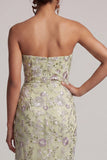 Dusty Sage Strapless Bodycon Ruched Sequins Floral Mother of the Bride Dress with Sash