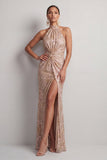 Halter Neck Champagne Mermaid Ruched Sequins Long Mother of the Bride Dress with Slit