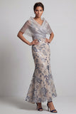 Silver Mermaid Floral V-Neck Sequins Long Mother of the Bride Dress with Cape