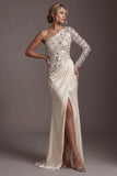 Champagne One Shoulder Sequins Ruched Mermaid Long Mother of the Bride Dress with Slit
